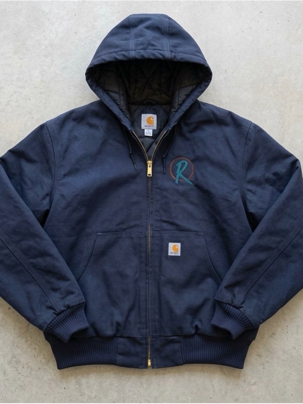 NWOT Men Carhartt Navy Hooded Quilted-Lined Zip Jacket with Embroidered 'R'